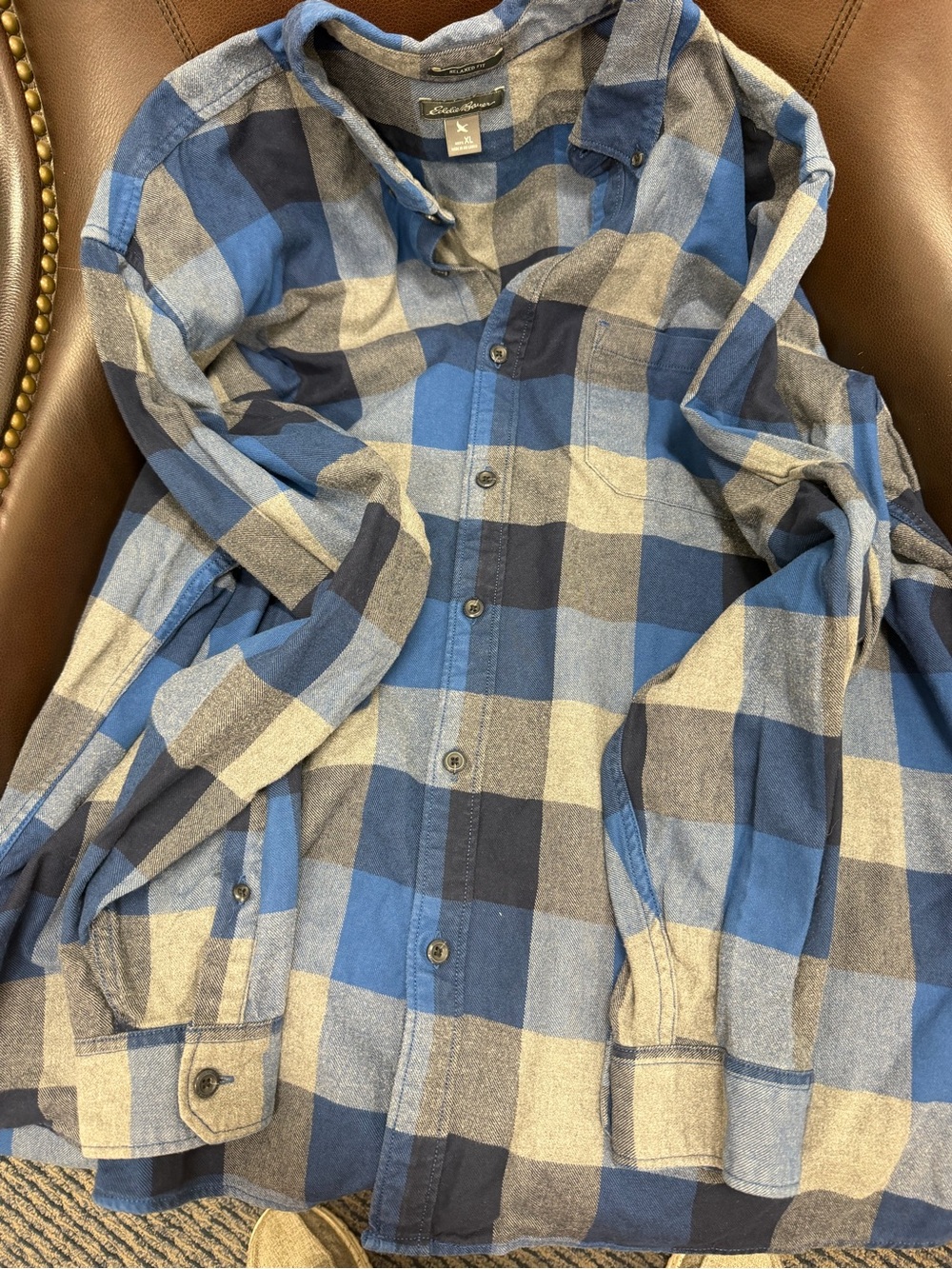 Eddie Bauer Blue and Navy Plaid Button-Down Shirt